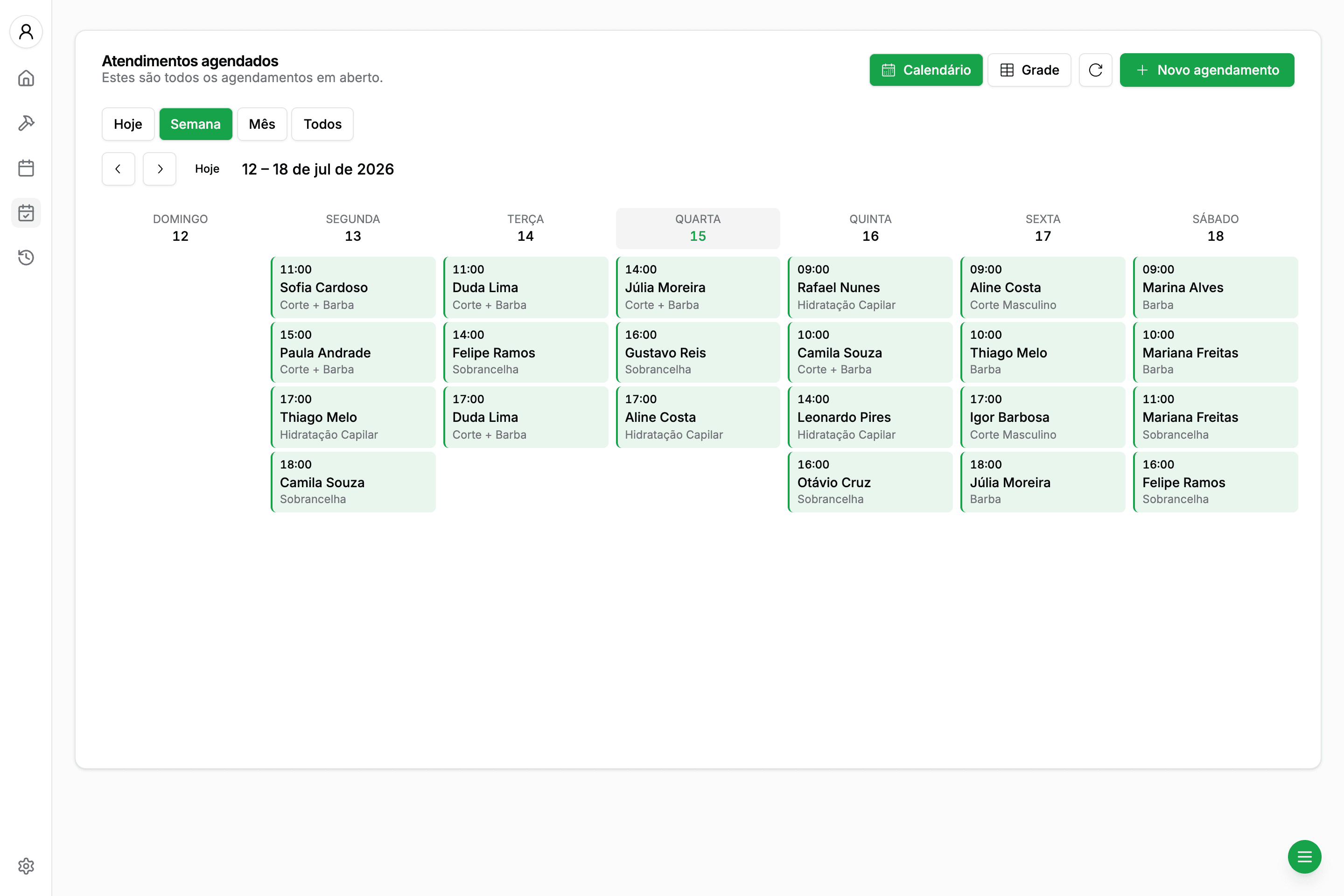 Calendário semanal de agendamentos do Agenda+
