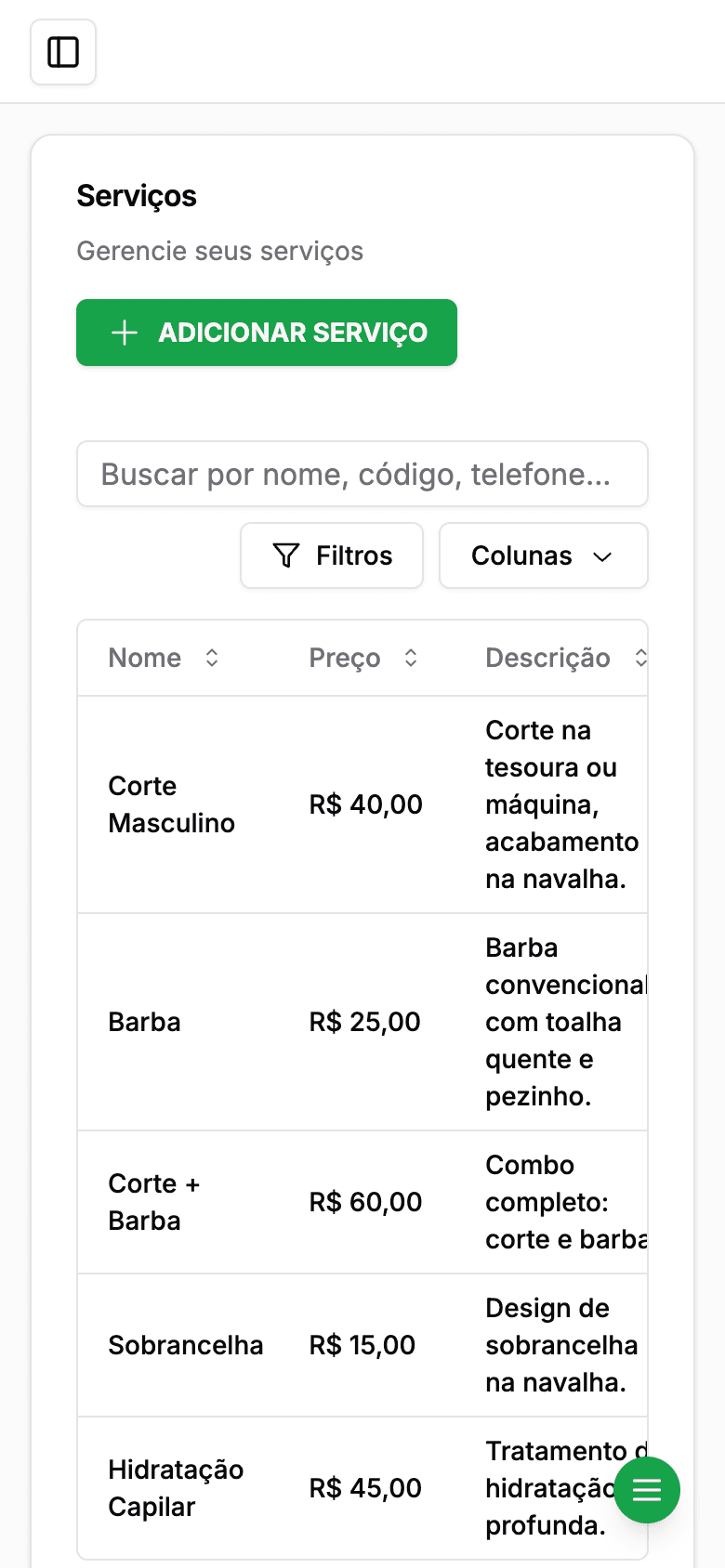 Tela de serviços do Agenda+